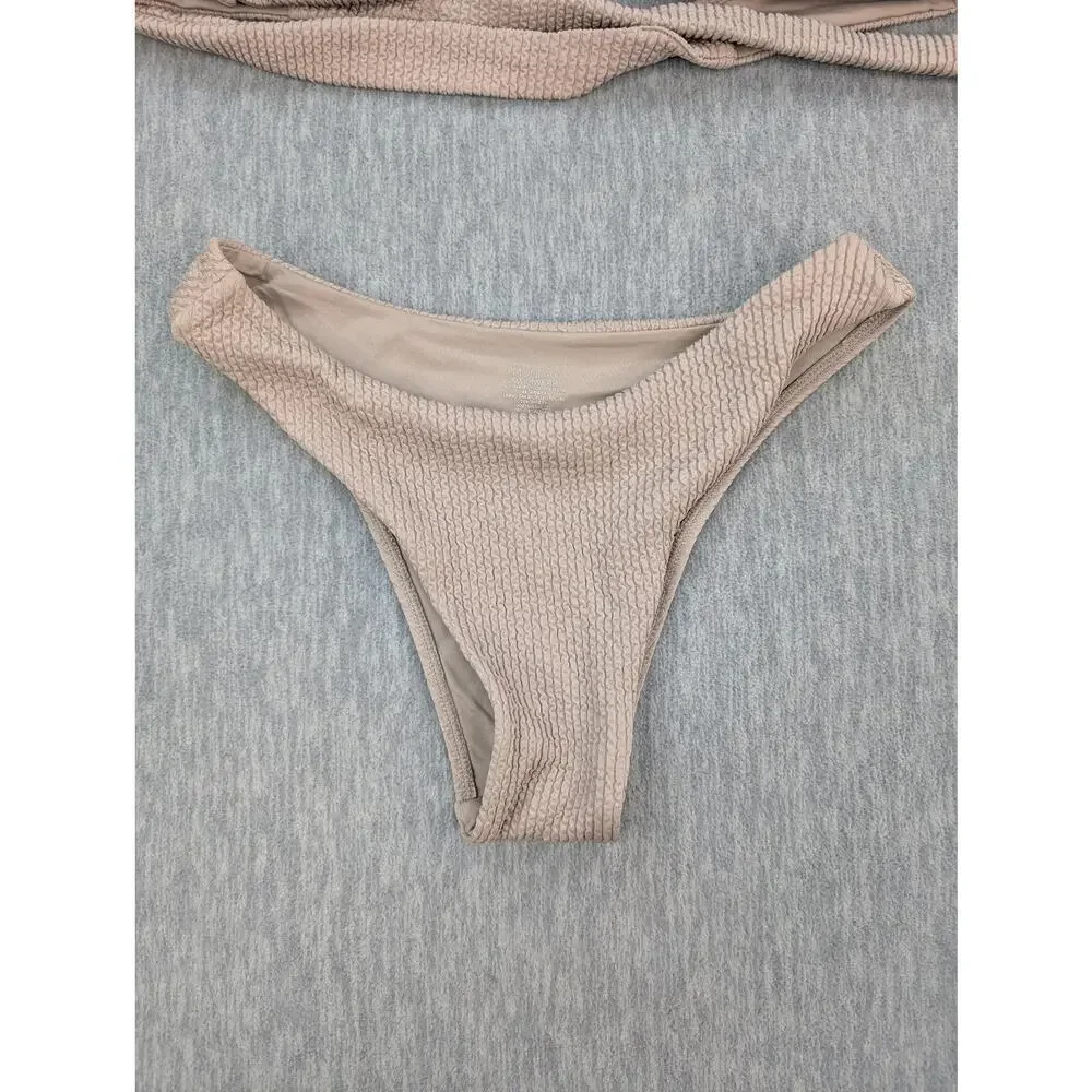 Monday Swimwear Bikini Set Womens P Petite Beige Textured Bandeau Ring Minimal